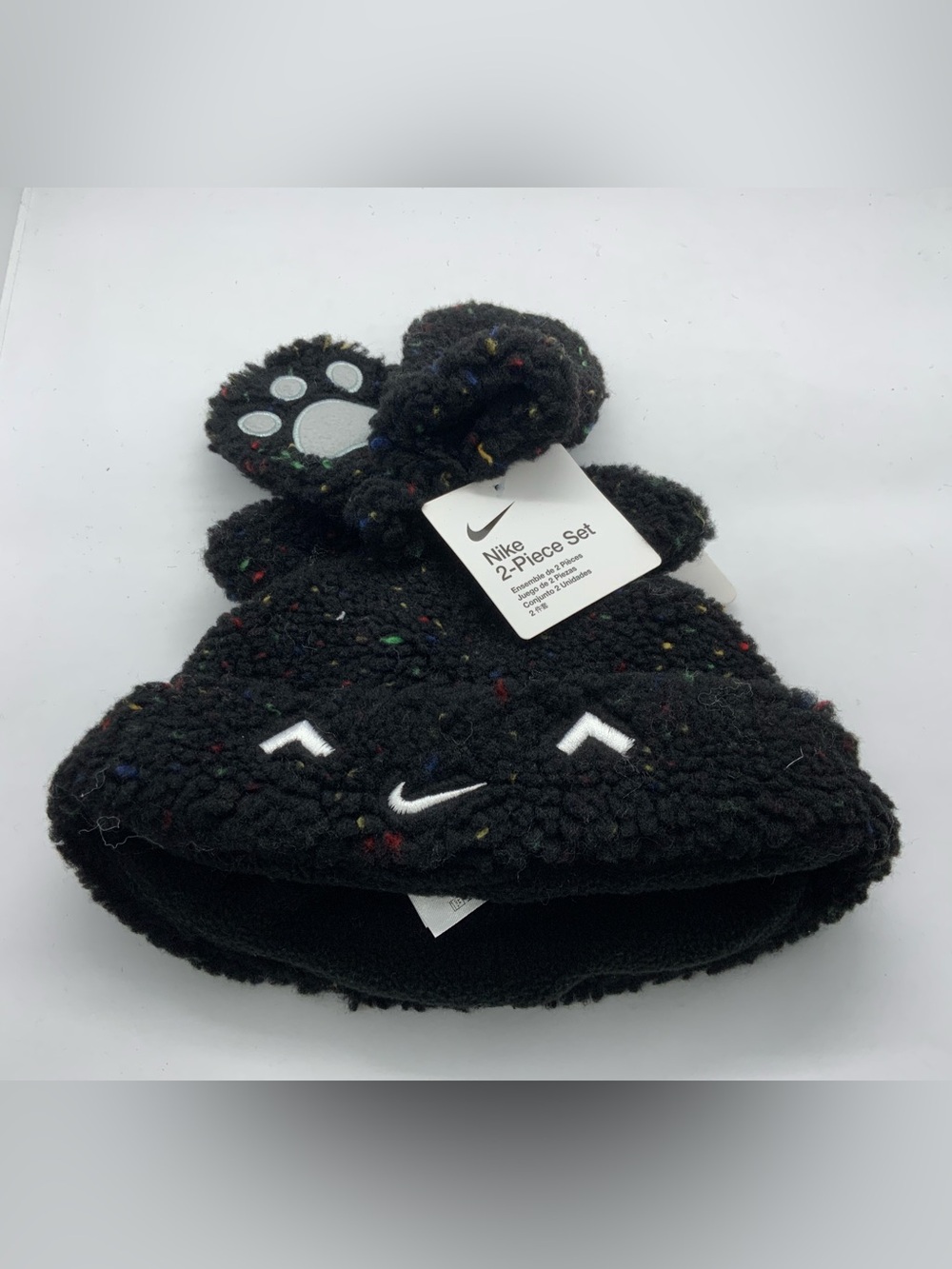 Nike Kids Black Sherpa Hat & Paw Mittens Set with Multicolor Flecks